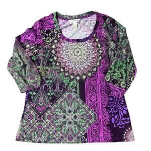Christopher & Banks Top Sz M Purple Green Mandala Paisley Print Long Sleeve